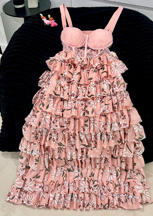 Flower pink maxi dress , earrings incluido